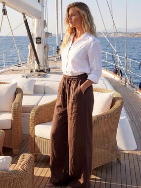 Women's Brown 100% Linen Casual Trousers from Italy